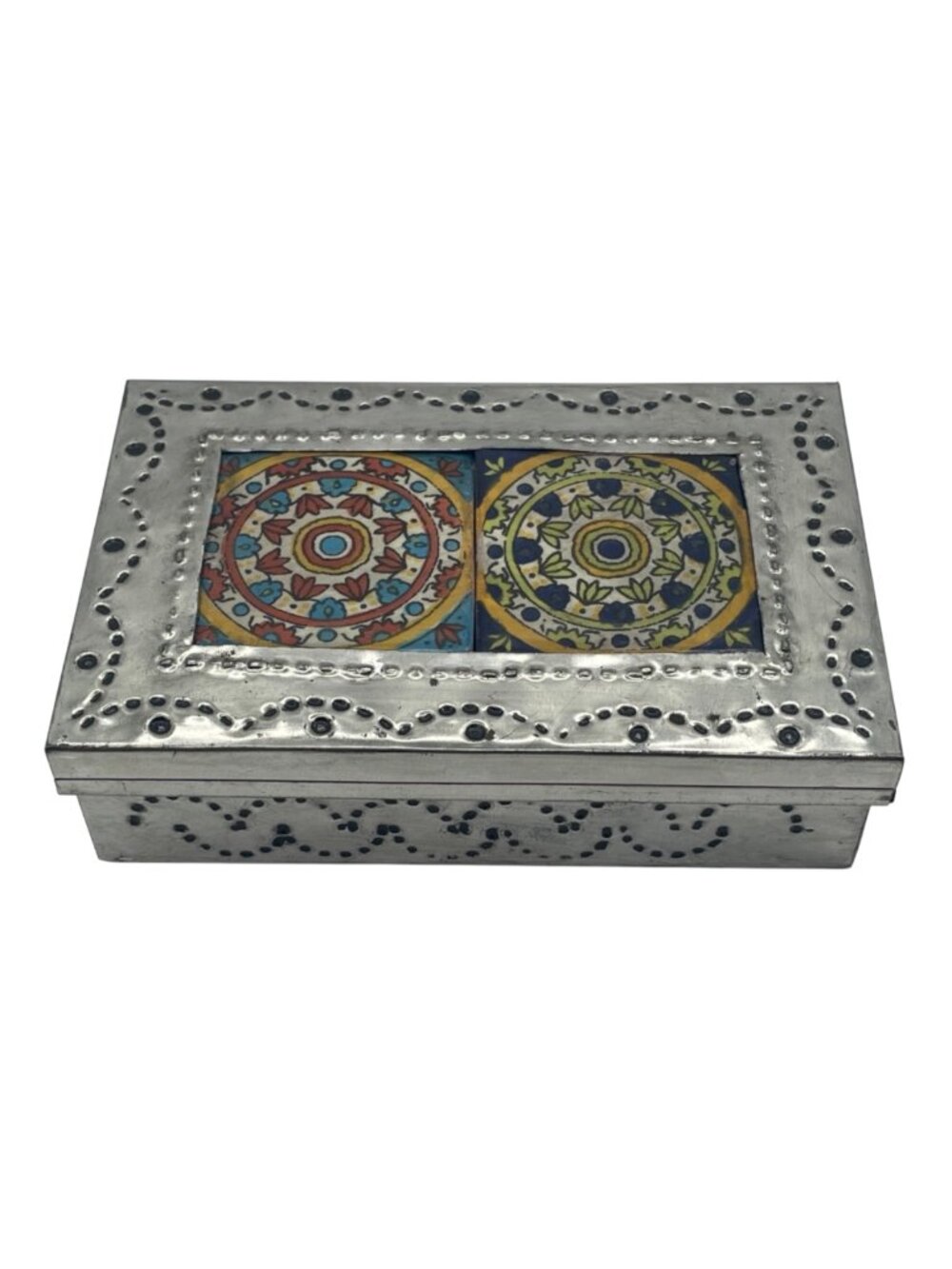 NEW Mexican Folk Art Hand Punched Tin Talavera Tiles Jewelry Trinket Box